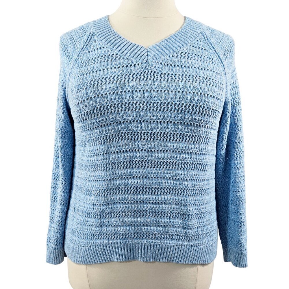 Talbots 100% Cotton Light Blue Open Knit Raglan Sleeve Sweater Beachy Boho